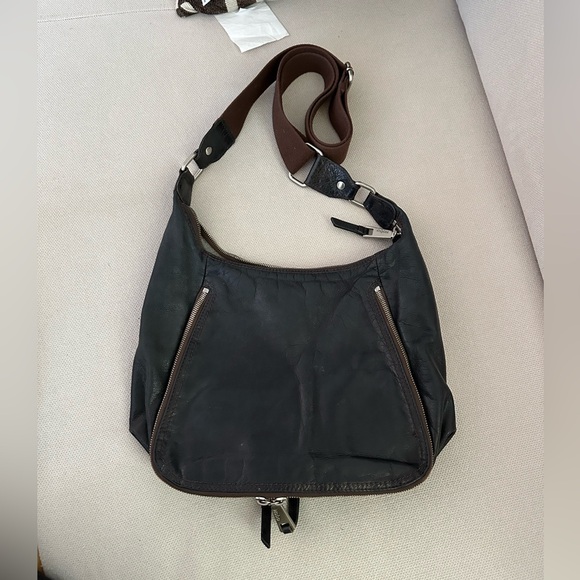HOBO BLACK LEATHER VINTAGE CROSSBODY BROWN CANVAS STRAP